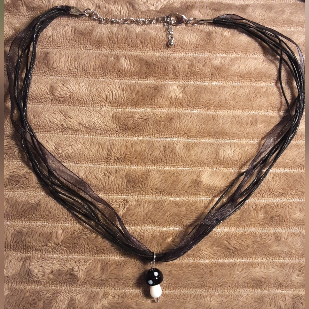 Handmade Black and White Lampworks Glass Mushroom Necklace Cottagecore Fairycore
